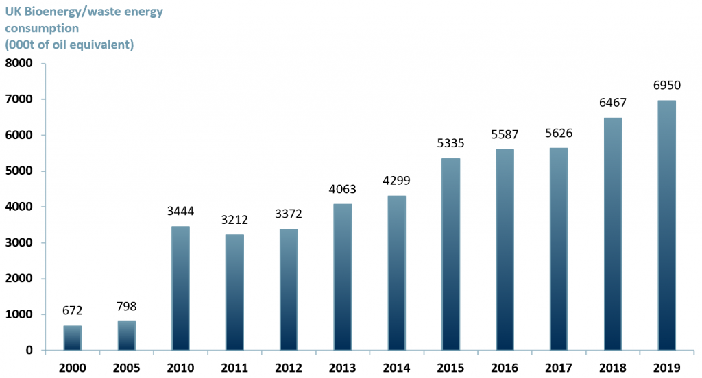 Exhibit 1 - Consumption of bioenergy and waste energy in the UK (2000 - 2019)